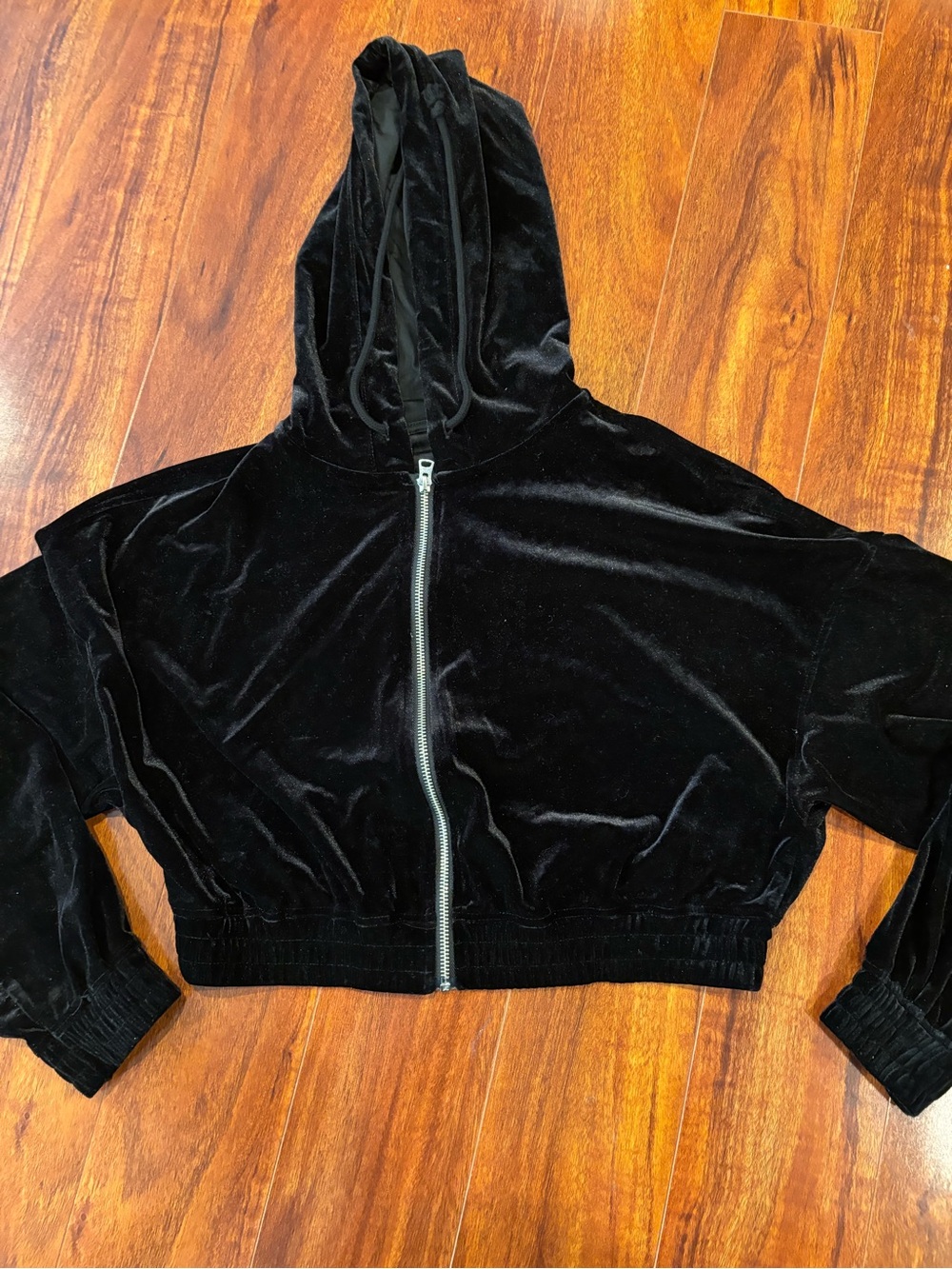Divided Black Velvet Cropped Hoodie Jacket